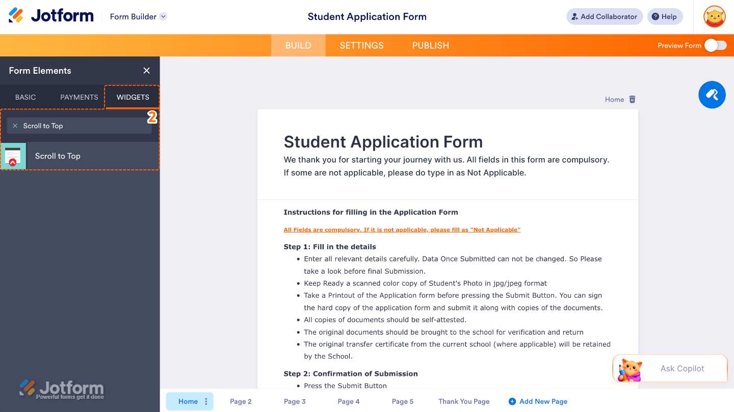 Form Elements panel under the Widgets tab showing the Scroll to Top widget being searched and added to a form