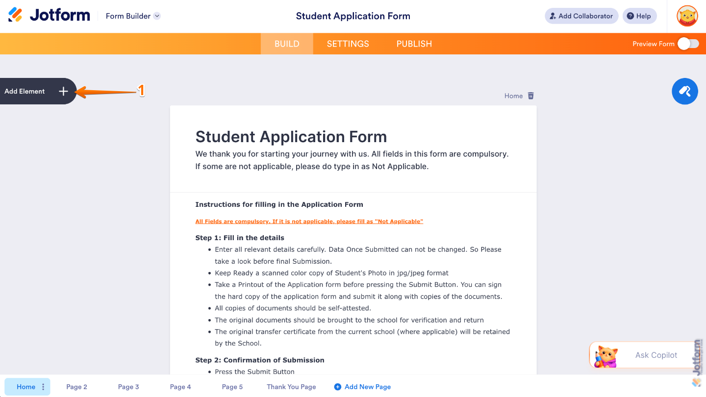 Form Builder interface highlighting the Add Element button on the left panel used to add new fields to a form