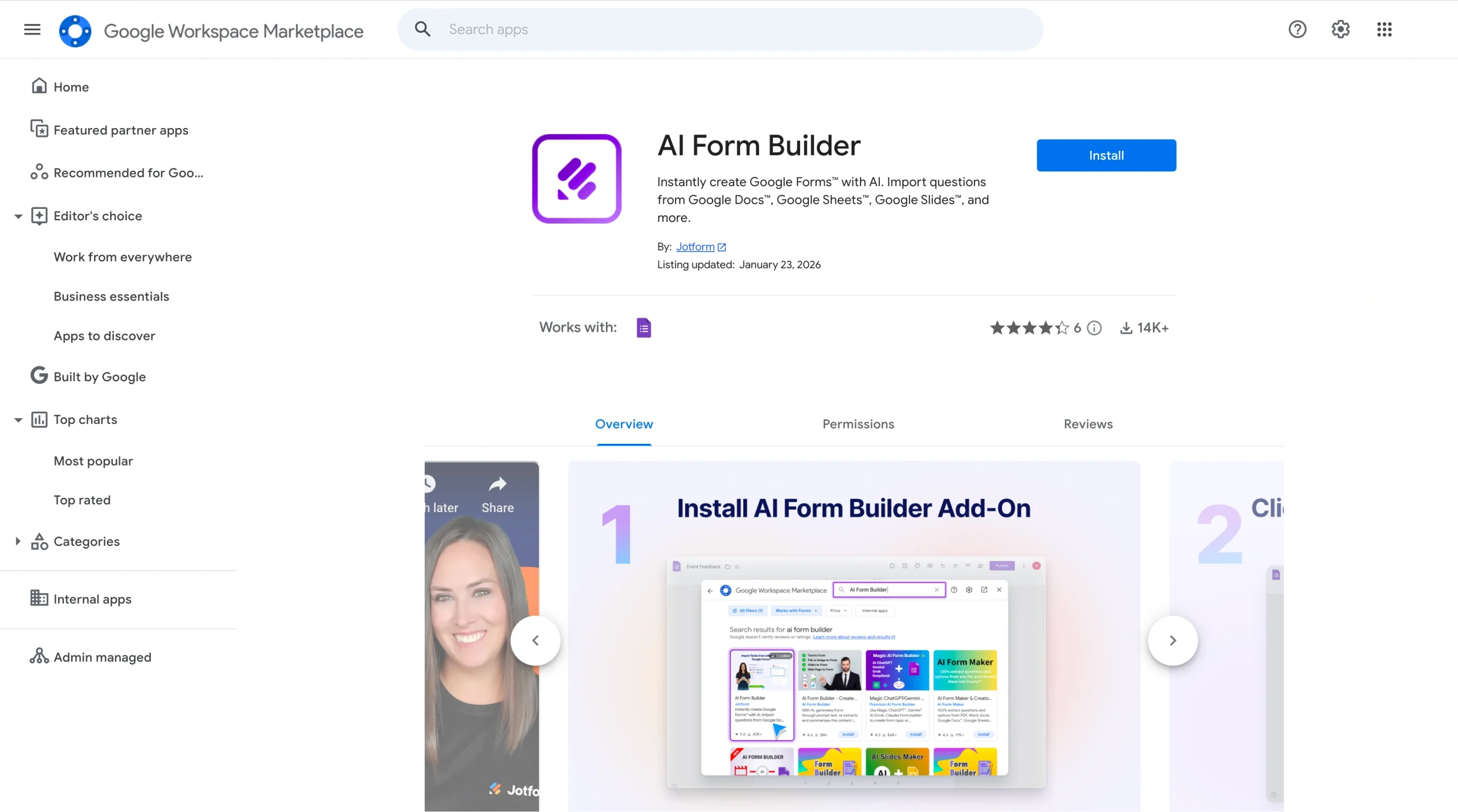 Google Workspace Marketplace listing for AI Form Builder by Jotform with install button and app overview