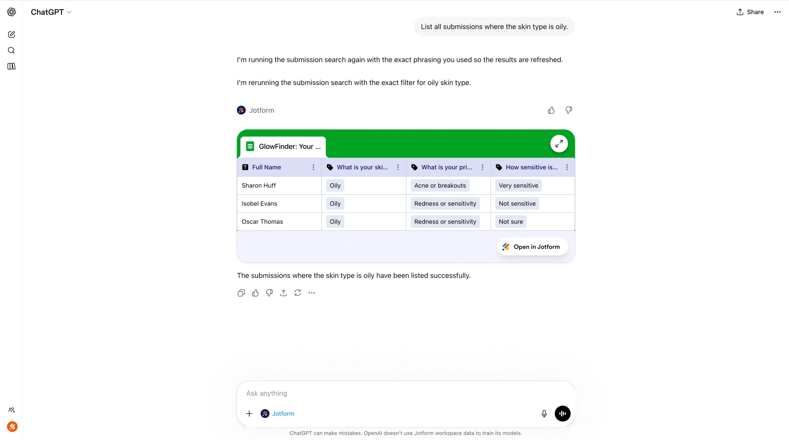 ChatGPT interface showing a query to list submissions where the skin type is oily, with results displayed in a Jotform table including names, skin type, primary concern, and sensitivity levels