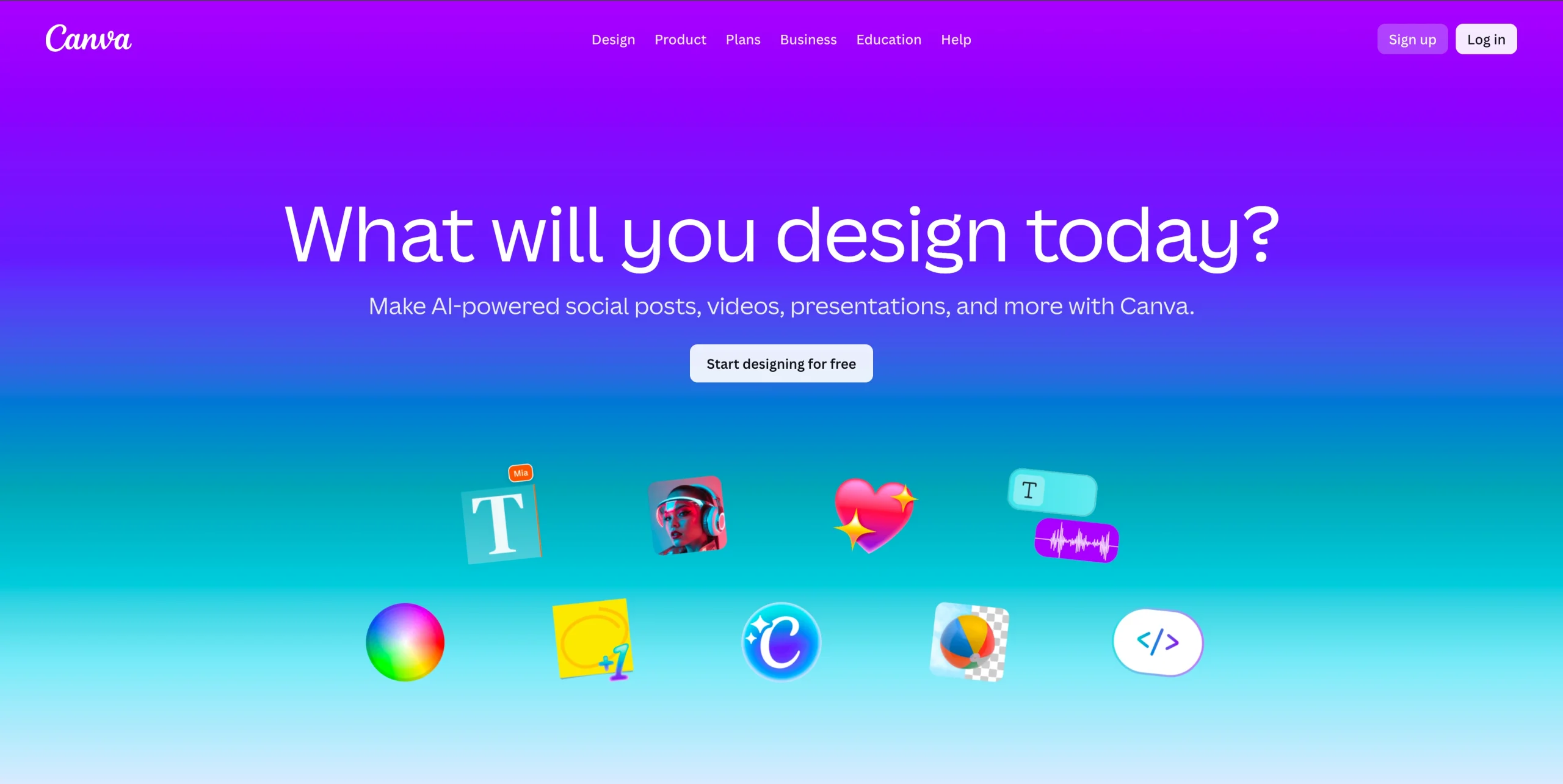 Screenshot of Canva's landing page, showing a headline "What will you design today"