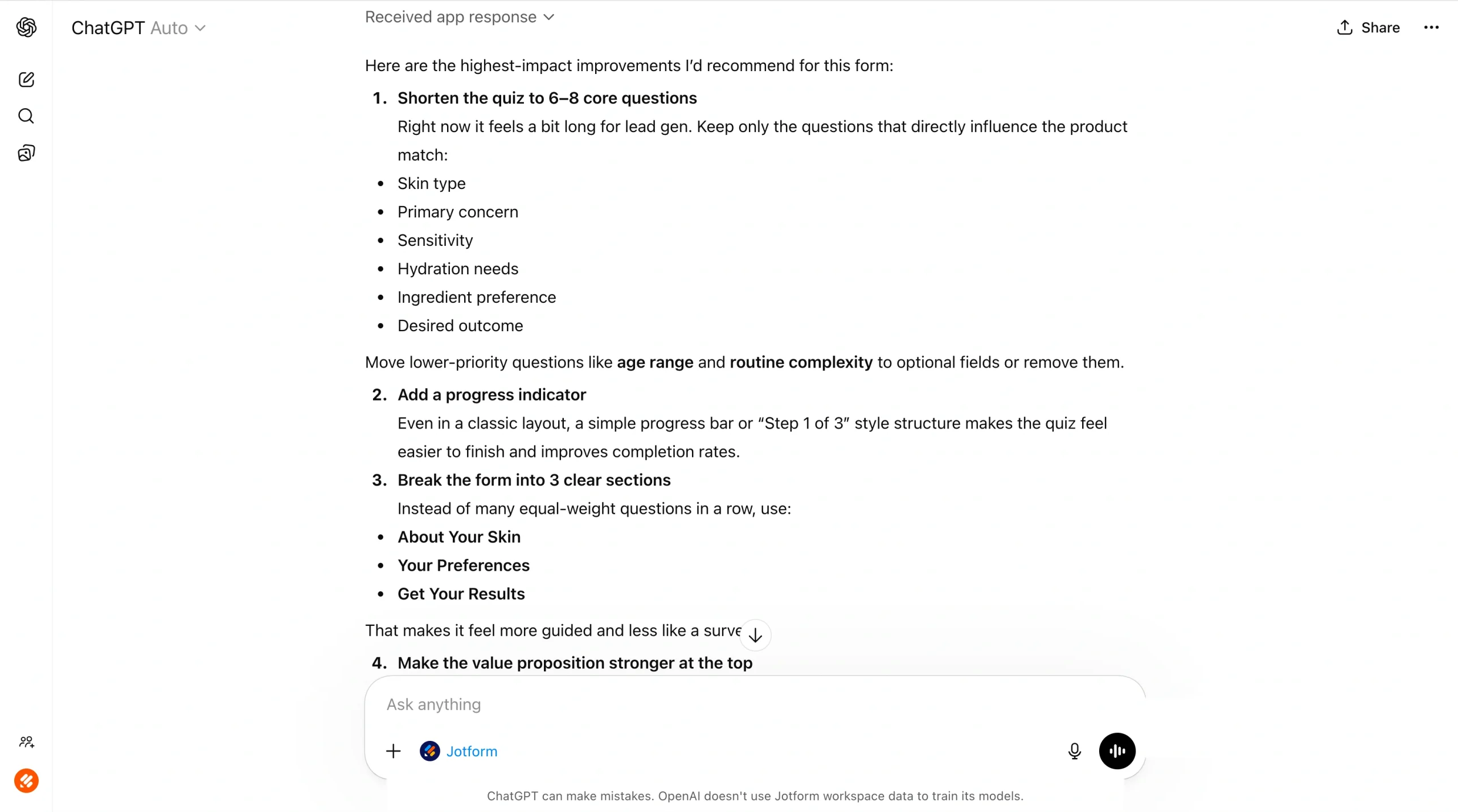 Screenshot of ChatGPT summarizing edits made to the quiz, including added questions and suggested improvements