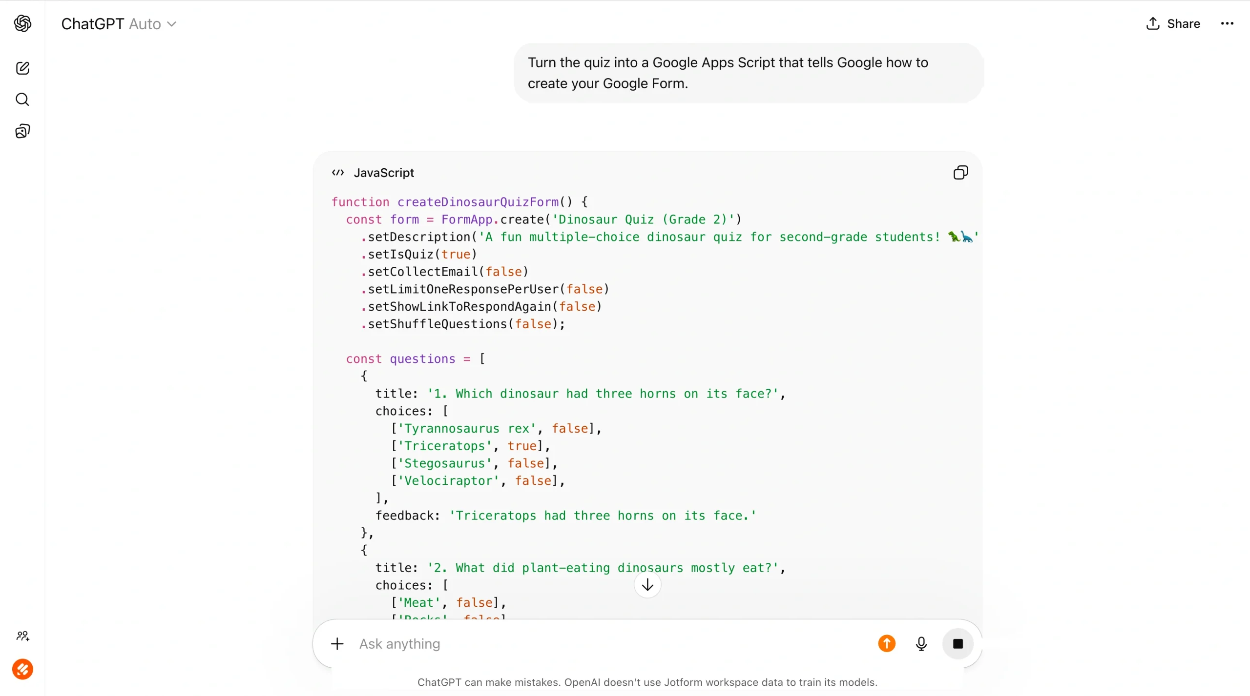 Screenshot of ChatGPT showing a code block with Google Apps Script used to turn the quiz into a Google Form