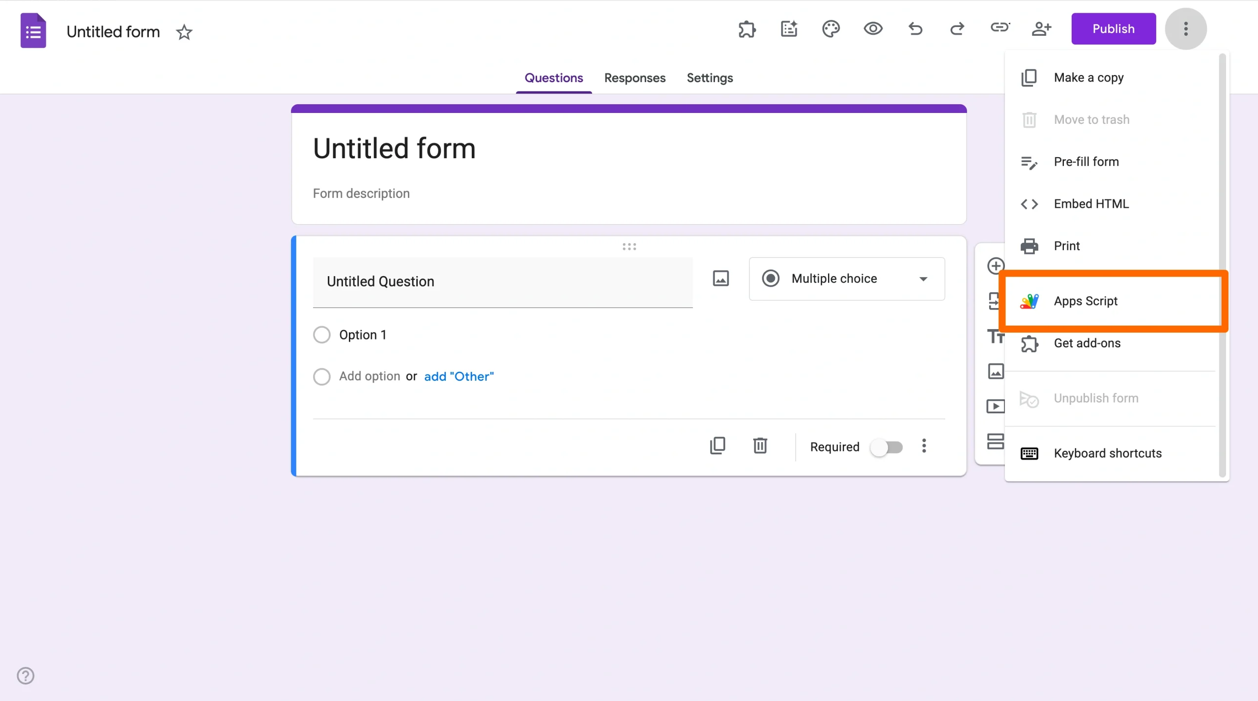 Screenshot of a Google Form editor with the three-dot “More” menu open and “Apps Script” highlighted in the dropdown