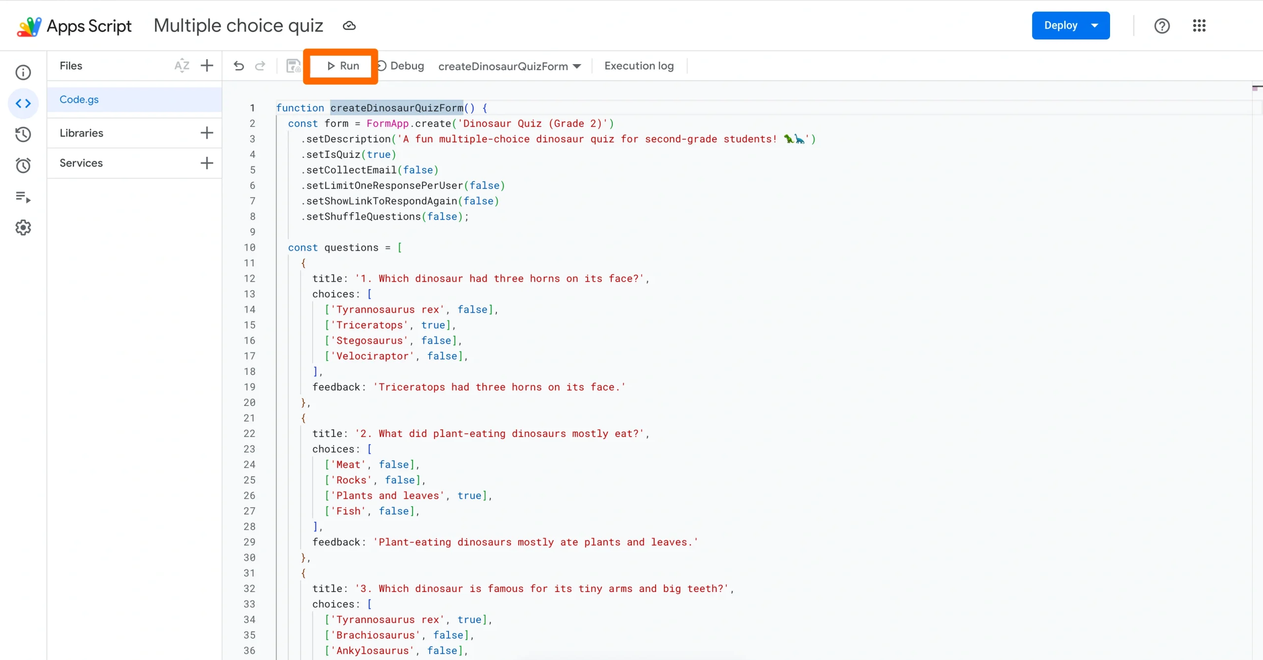 Screenshot of the Google Apps Script editor with pasted JavaScript code visible in the main coding panel
