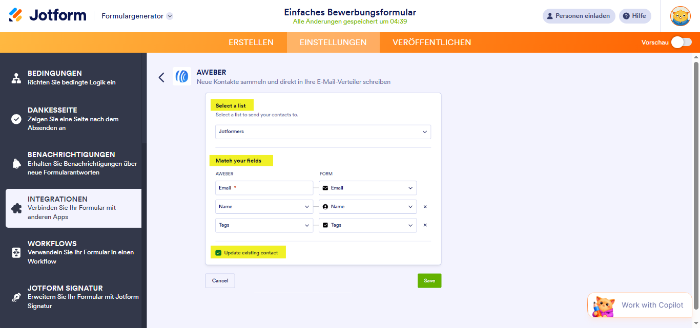 Wie man Jotform mit AWeber integriert Image-5