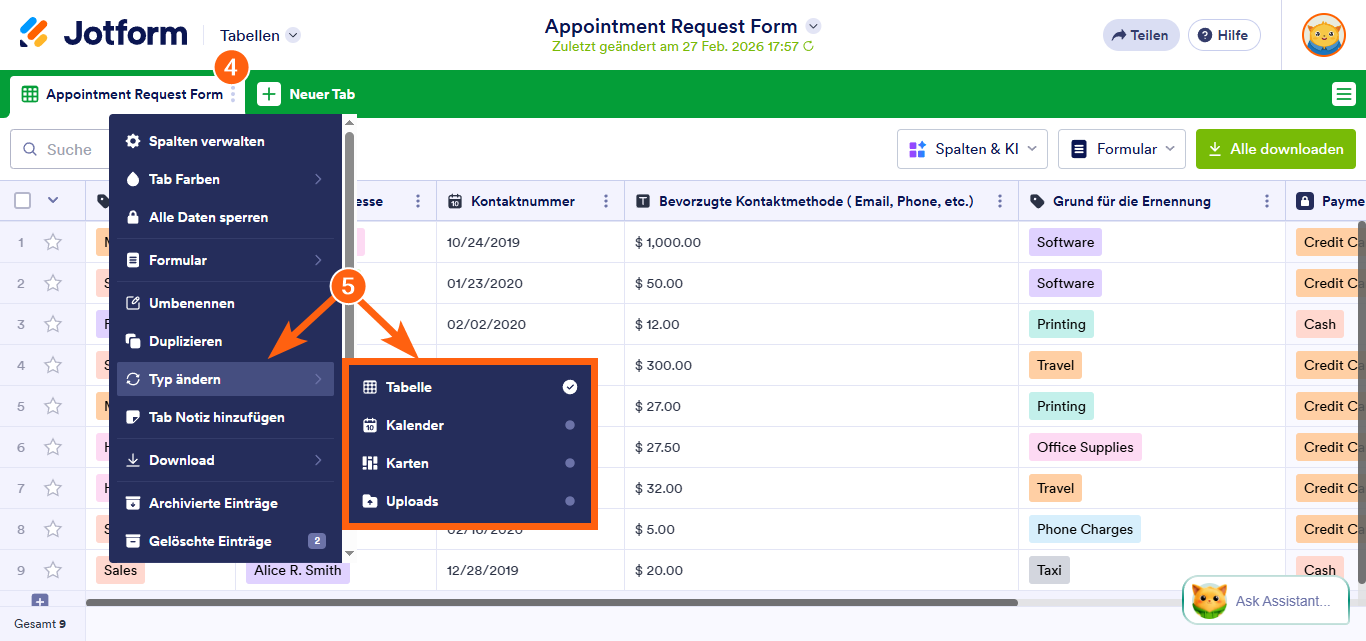So ändern Sie den Ansichtstyp in Jotform Tabellen Image-3