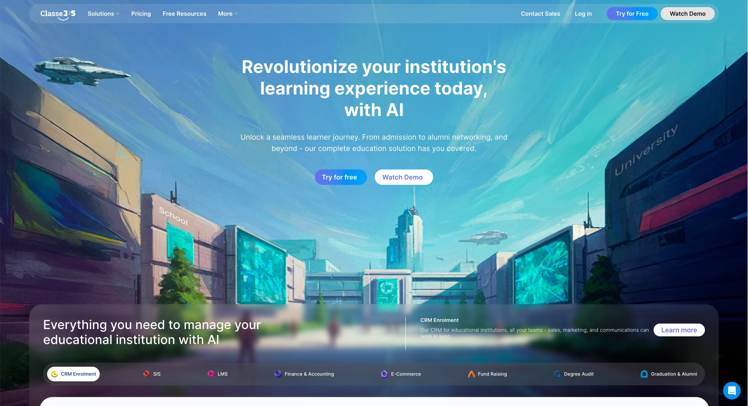 Screenshot of Classse365 landing page, showing a headline "Revolutionize your institution's learning experience today, with AI"