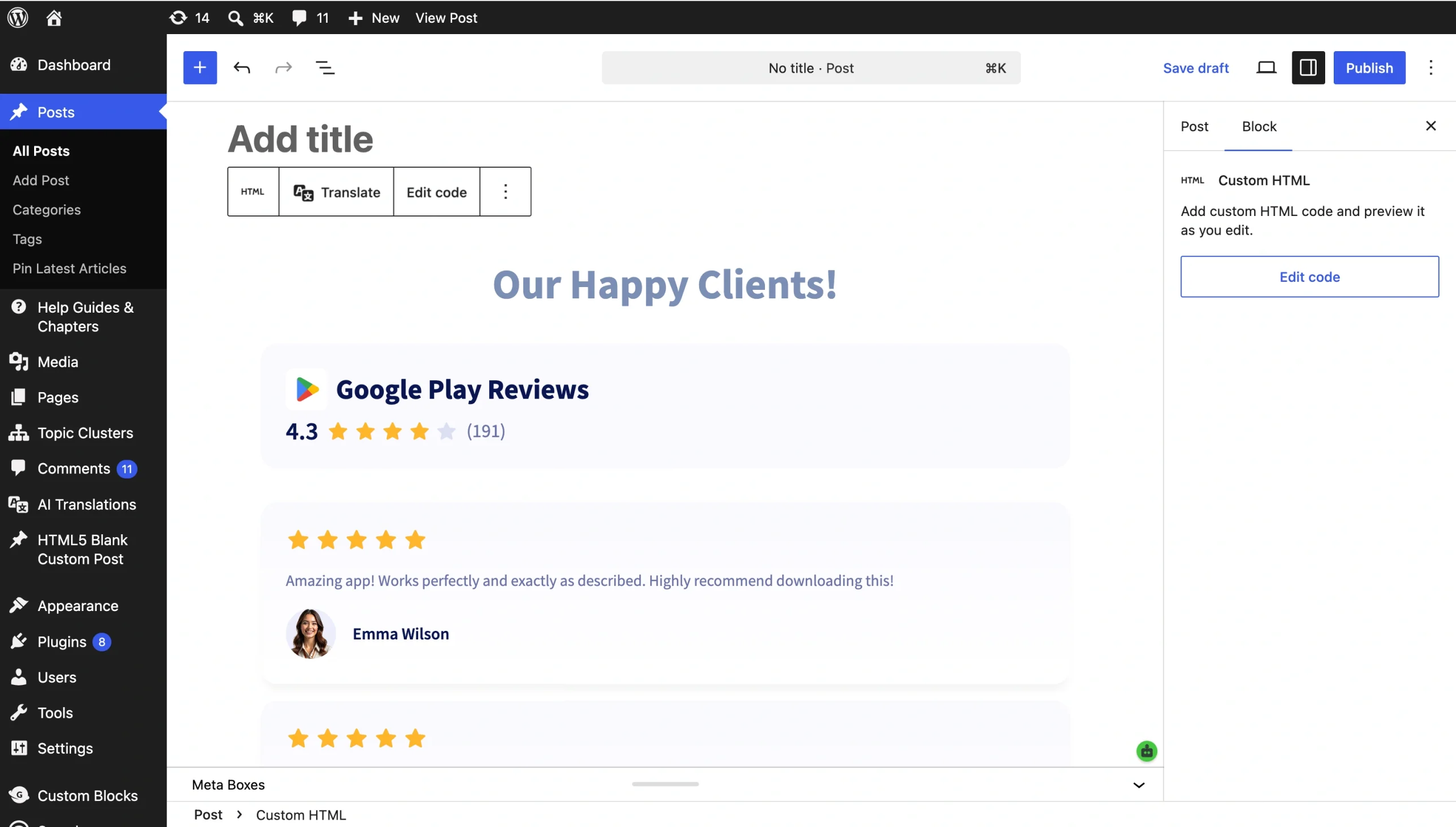 WordPress post editor displaying an embedded Google Play Reviews widget with customer ratings and review cards