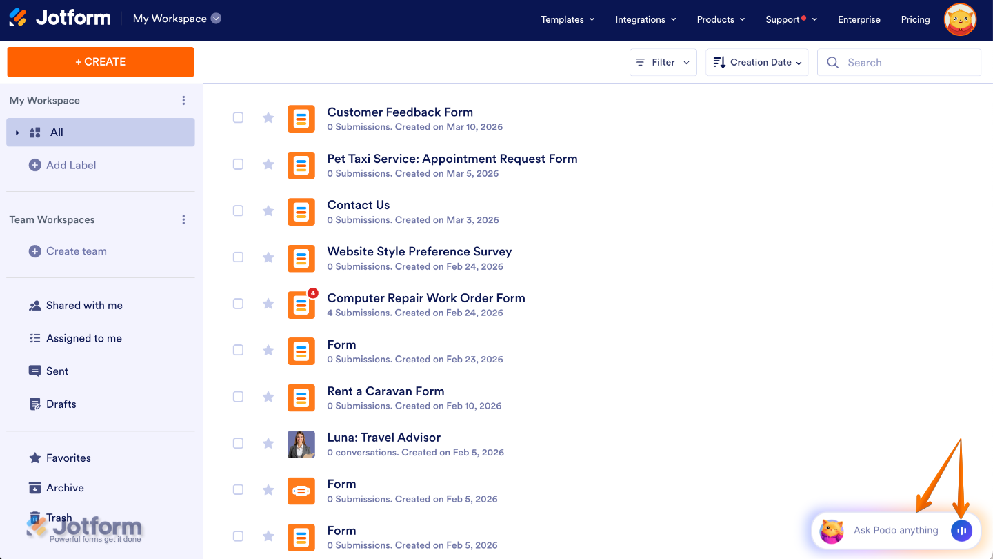 Starting a conversation with Jotform AI using the Ask Podo Anything chat and enabling voice input via the microphone button