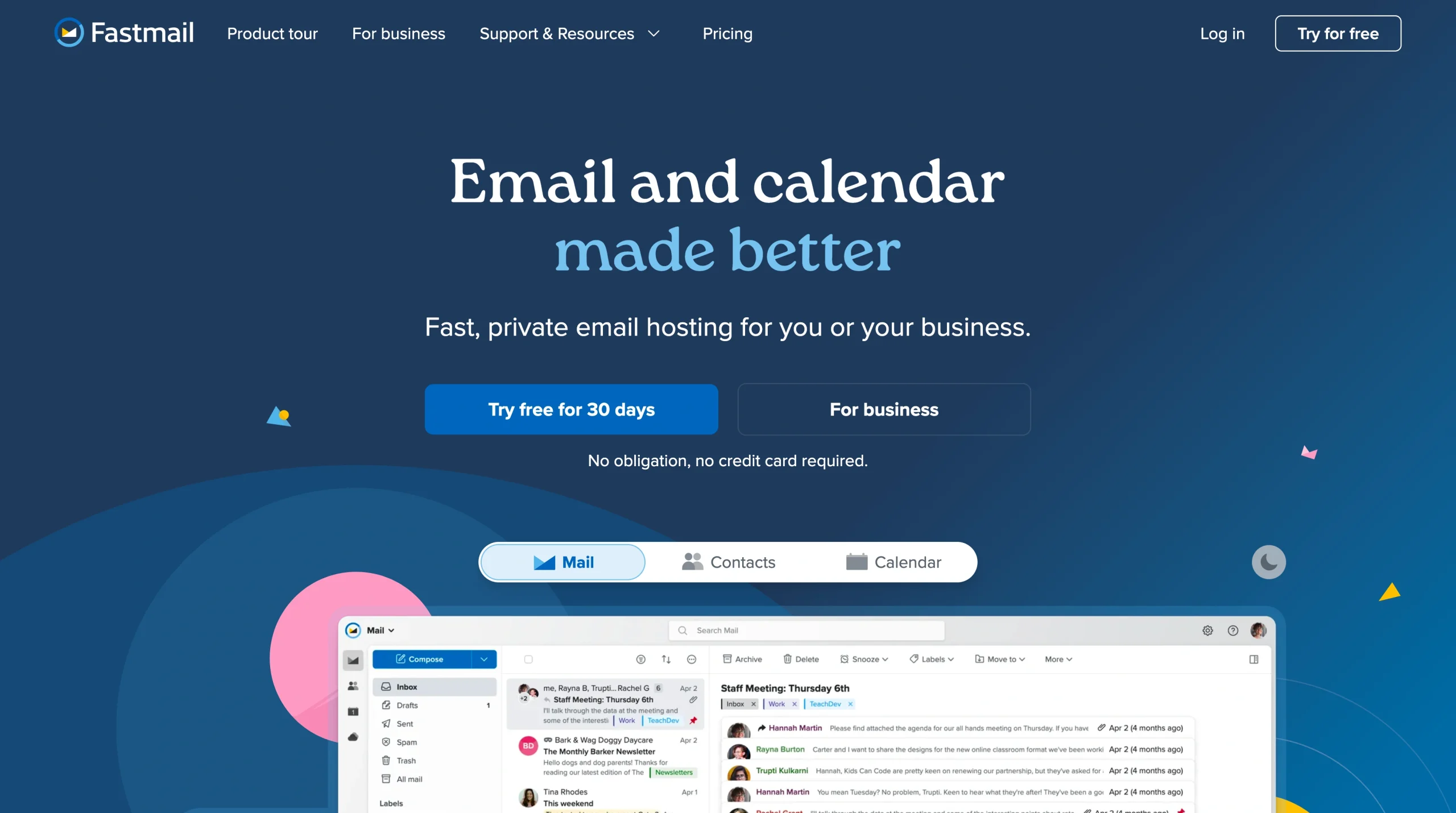 Screenshot of Fastmail's landing page, showing a headline "Email calendar made better"