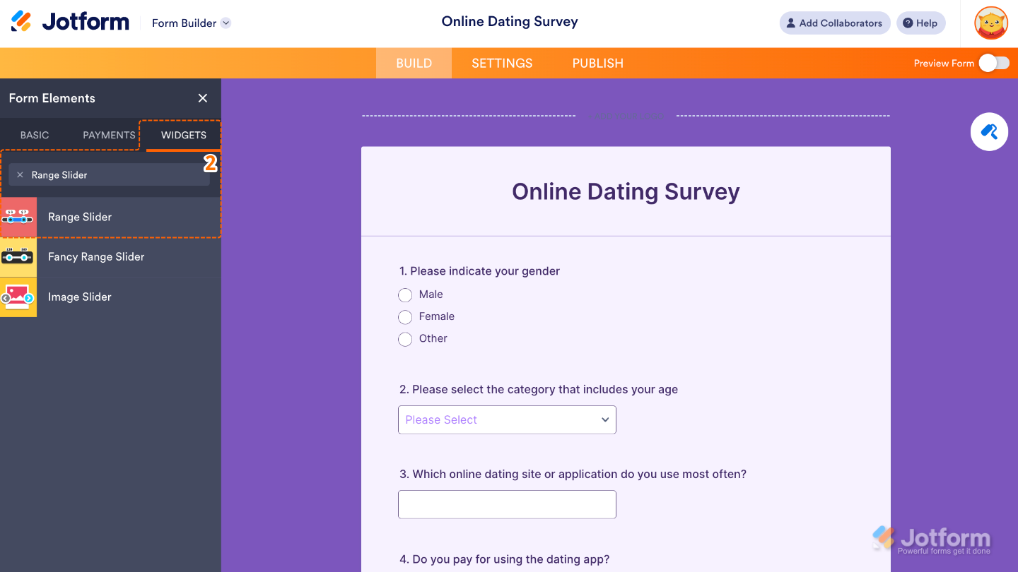 Form Elements panel under the Widgets tab showing the Range Slider widget being searched and added to a form