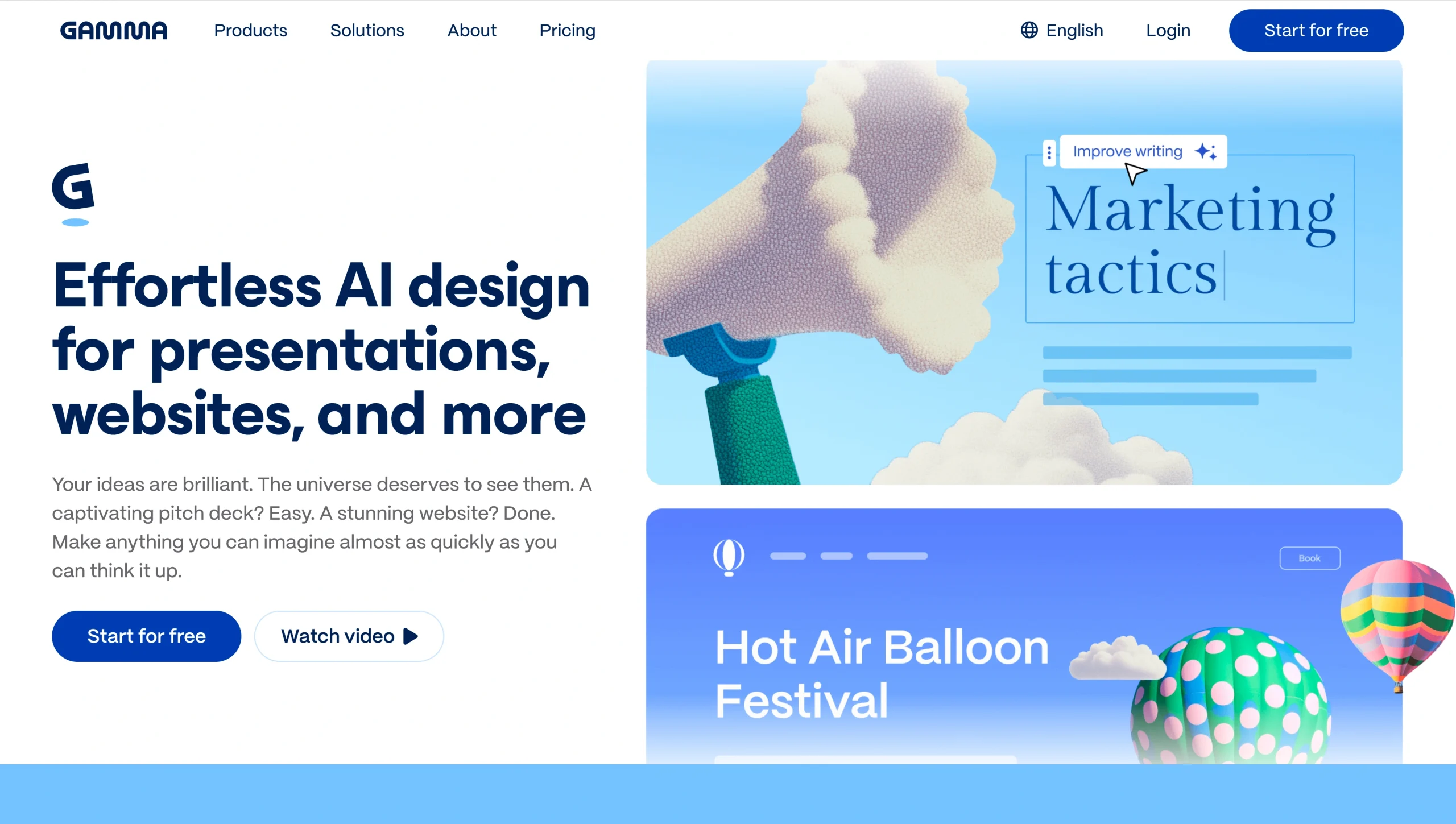 Screenshot of Gamma AI's landing page, showing a headline "Effortless AI design for presentations, websites, and more"