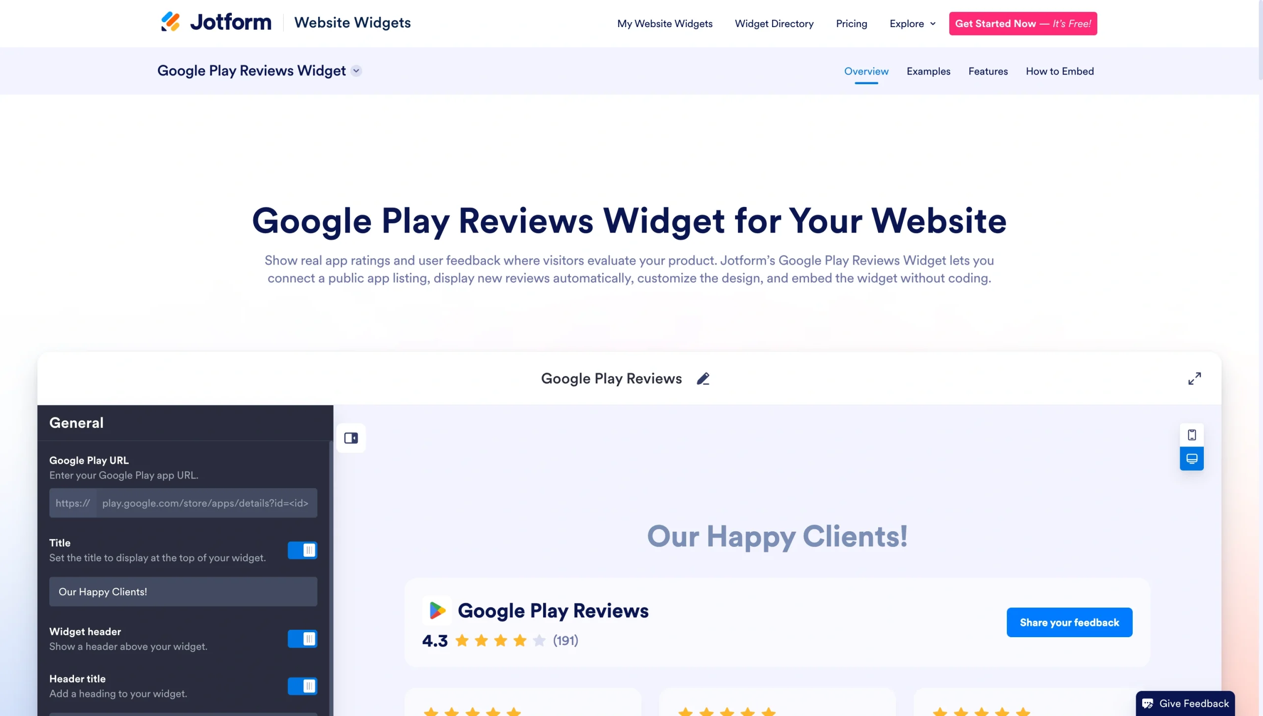 Jotform’s Google Play Reviews Widget page showing the widget editor and customer review preview