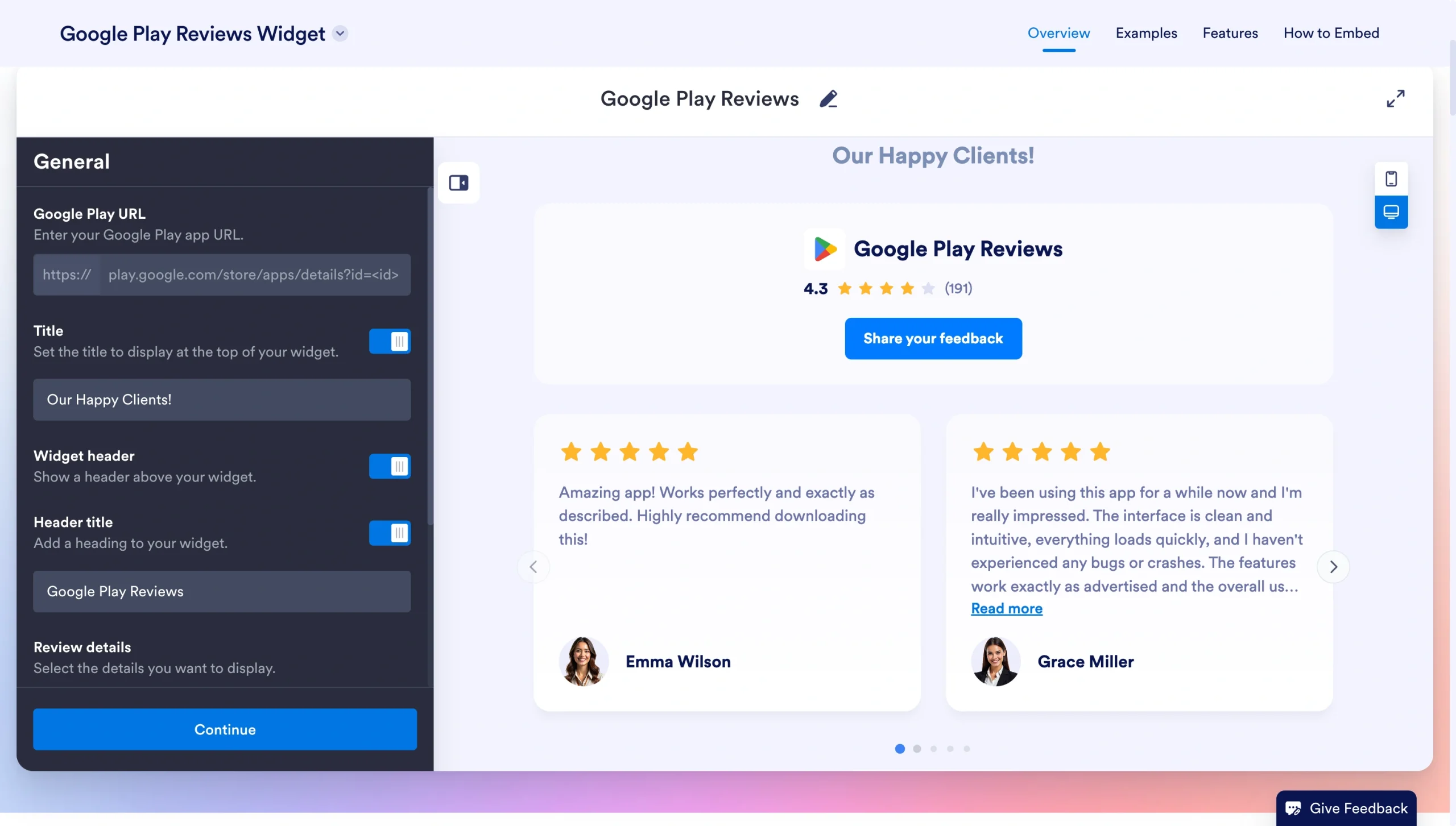 Google Play Reviews Widget editor with customization settings and two customer review cards