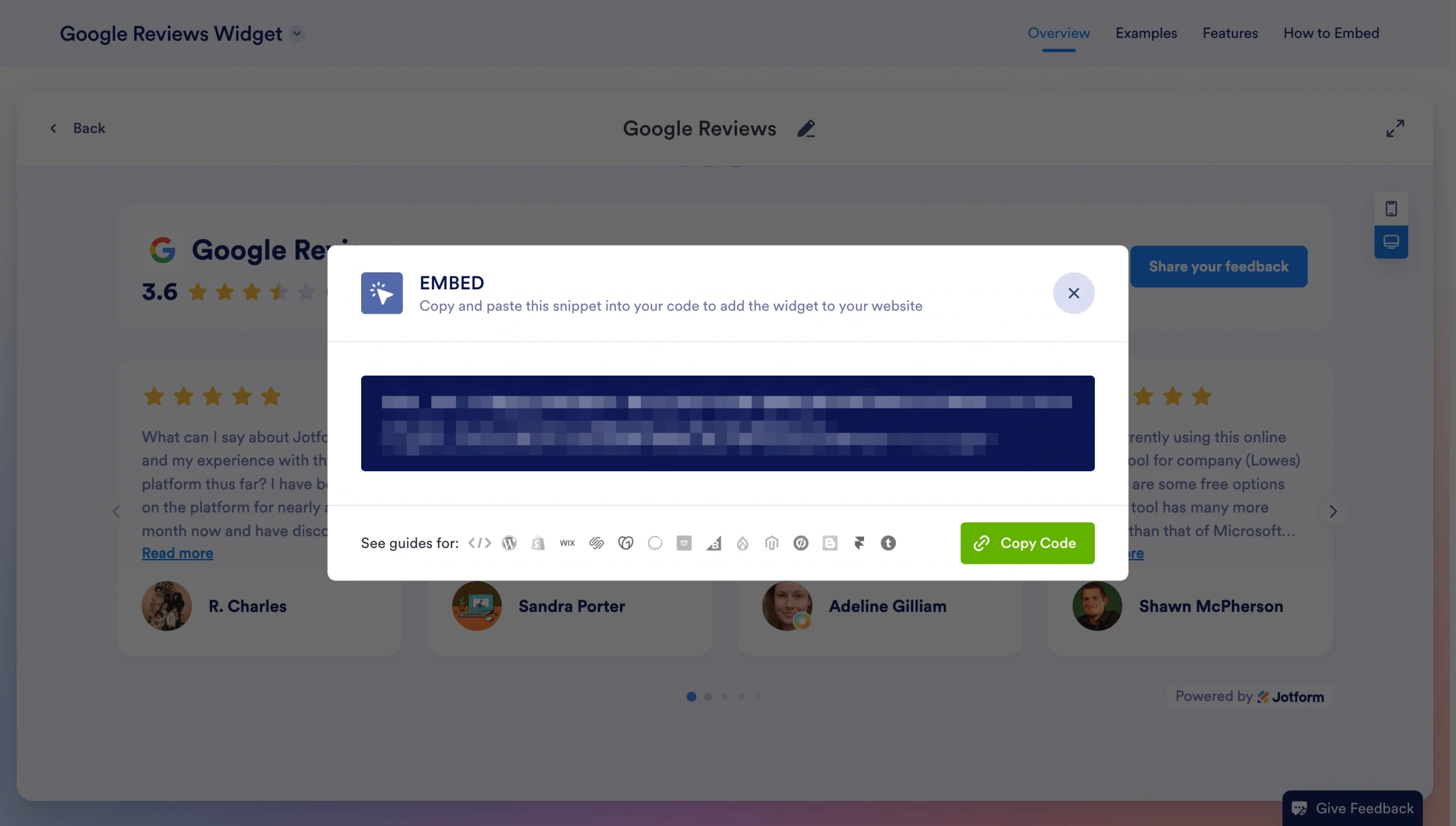 Embed code pop-up for copying the Google Reviews Widget code to a website