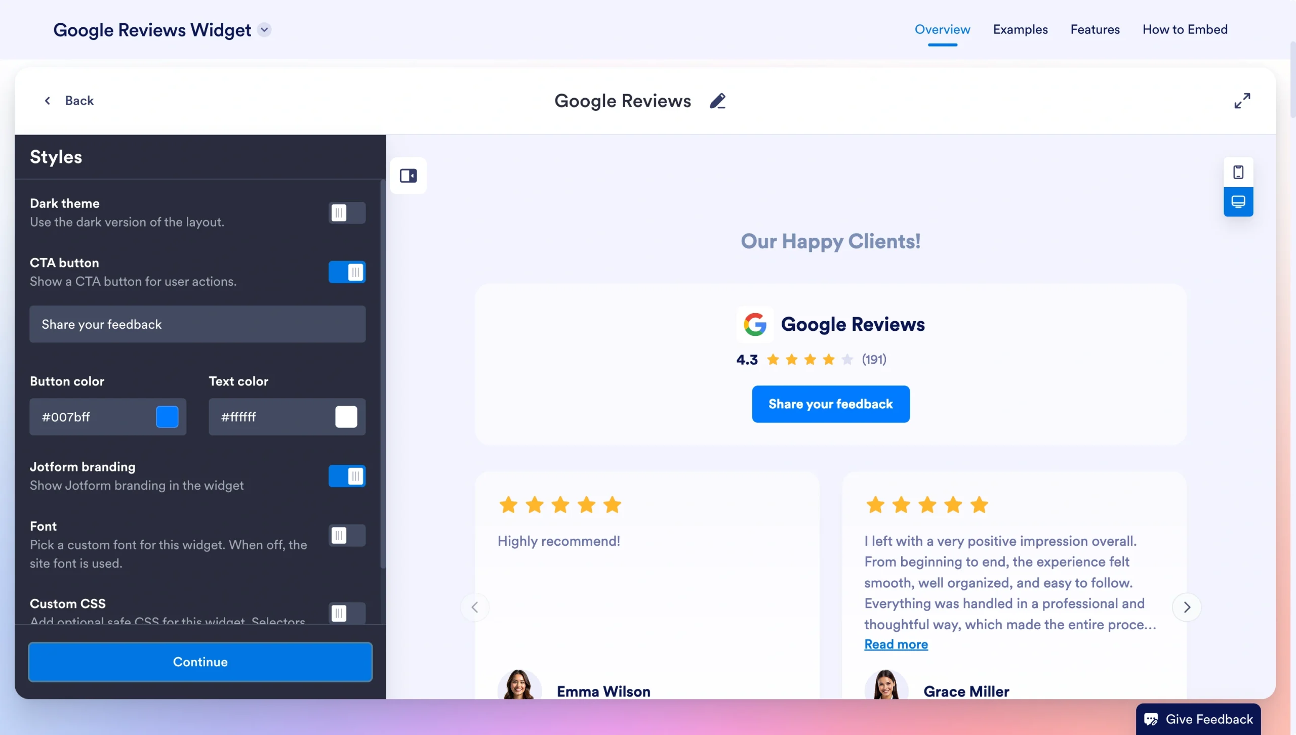 Google Reviews Widget editor showing style settings and a preview with review cards and a feedback button