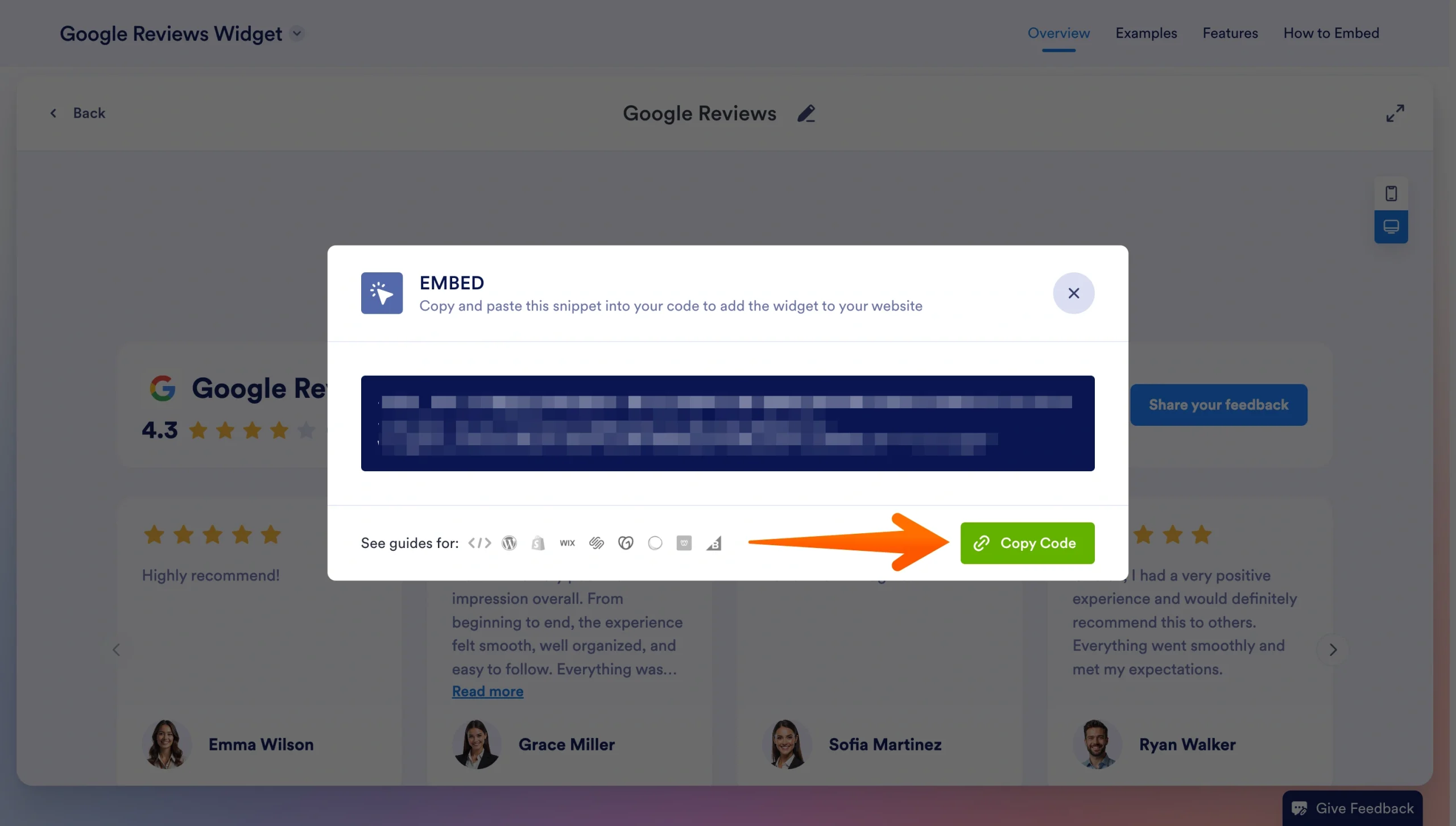 Embed pop-up displaying the Google Reviews Widget code snippet with the Copy Code button highlighted