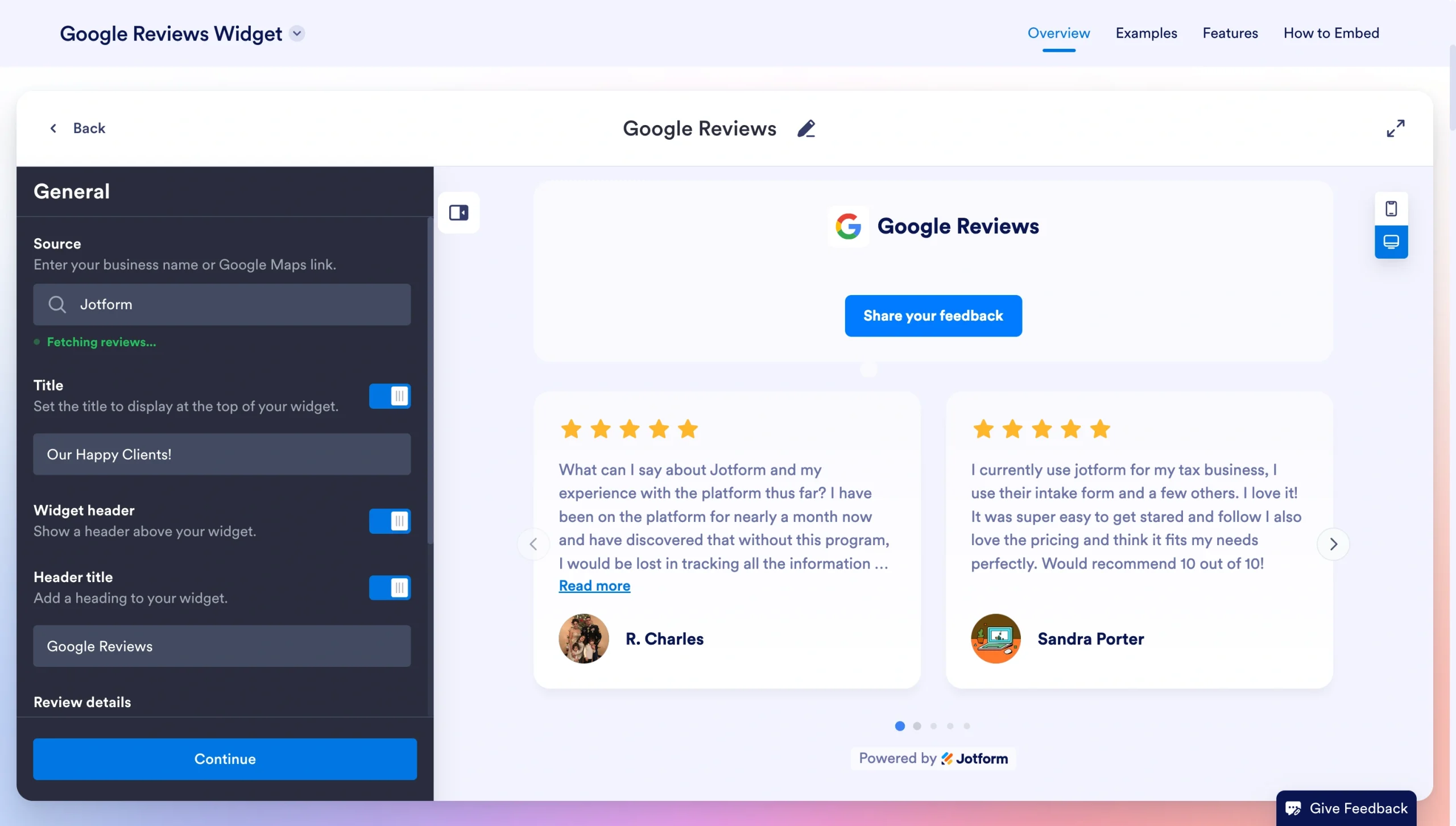 Google Reviews Widget editor showing customization options and a preview of customer reviews