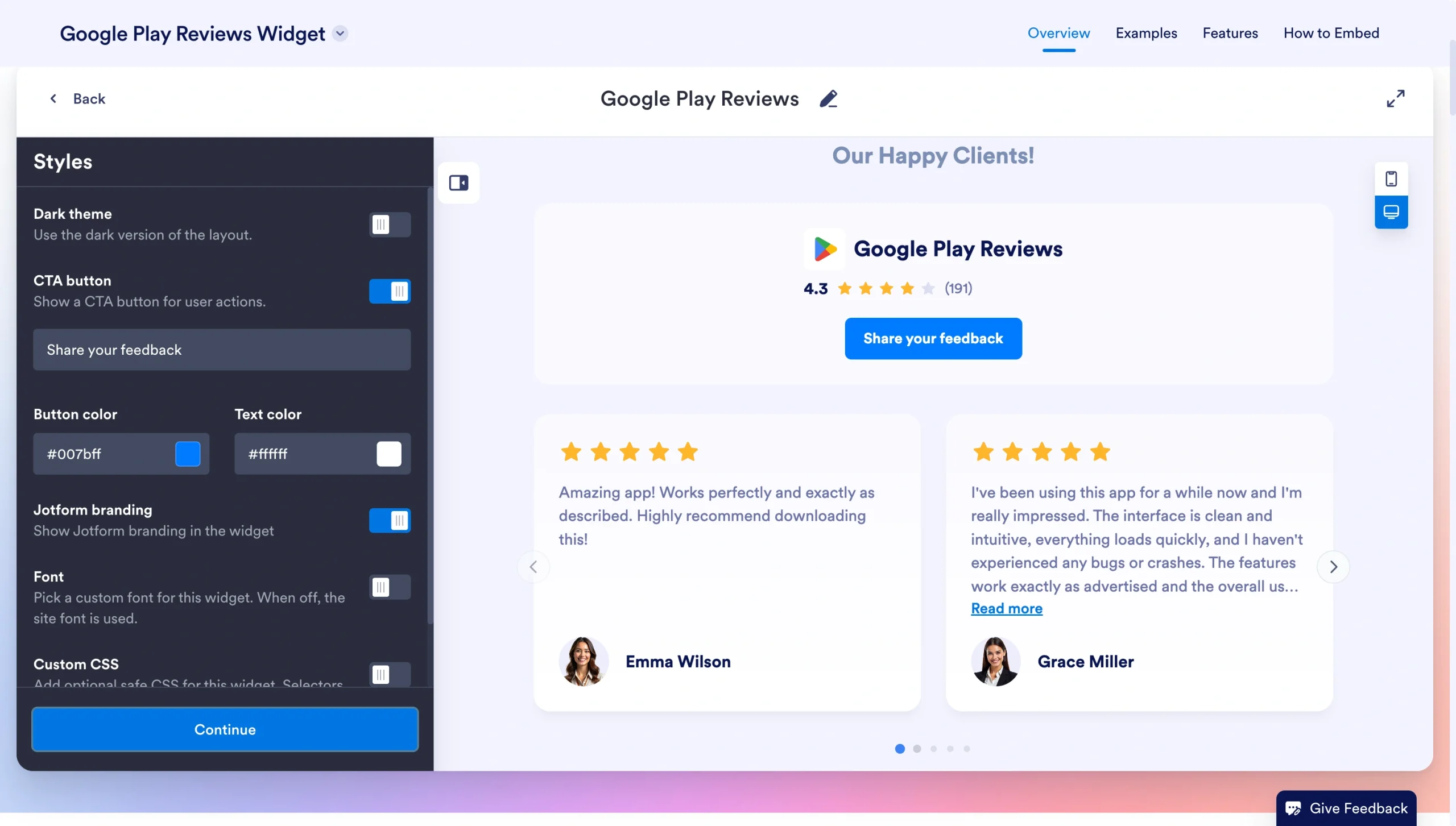 Google Play Reviews Widget editor showing style customization options and a live review preview