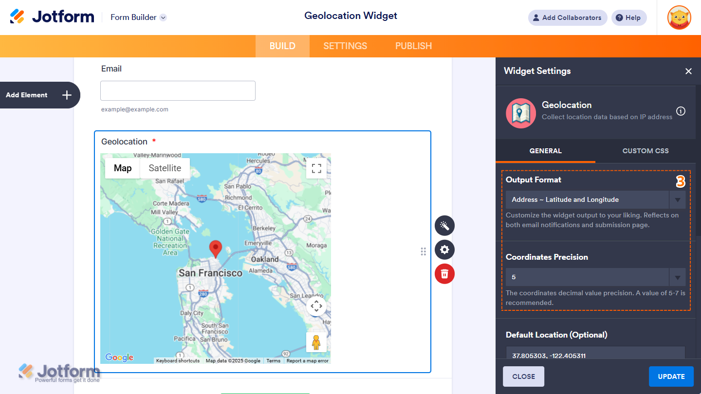Output Format and Coordinates Precision options in the Geolocation Widget Settings menu