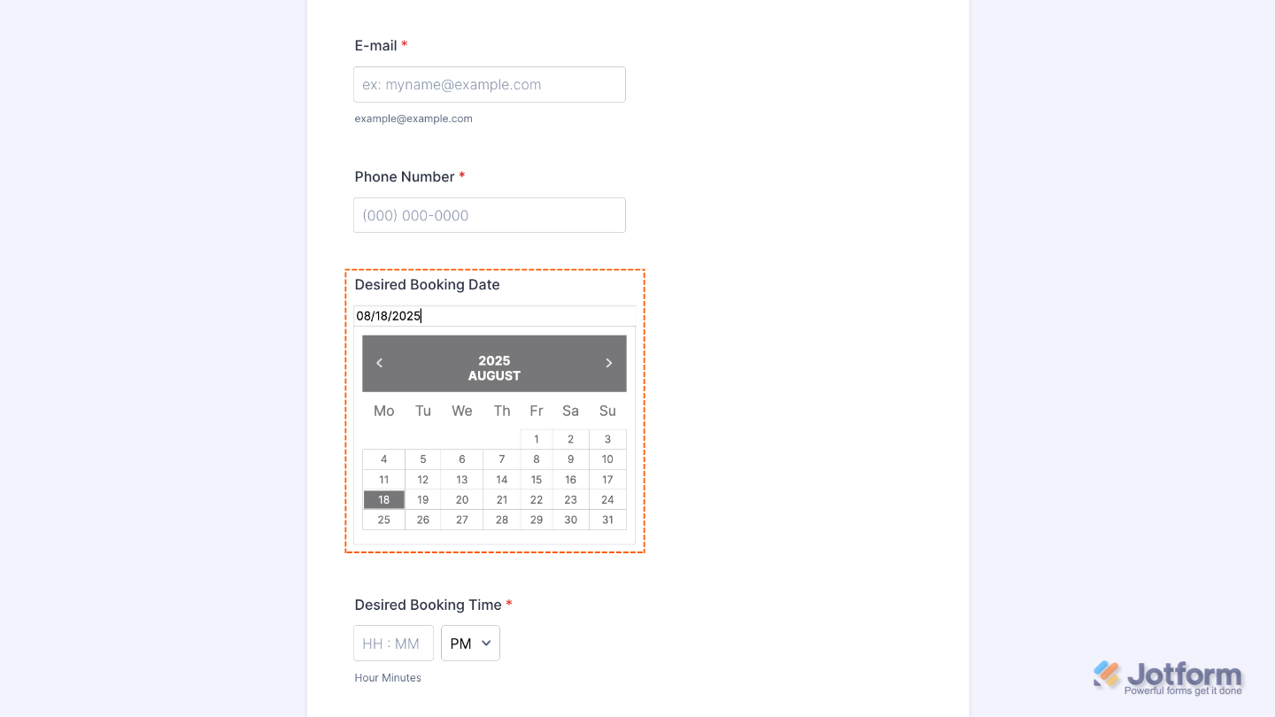 Form preview showing Localized Calendar widget with customized language and regional date format