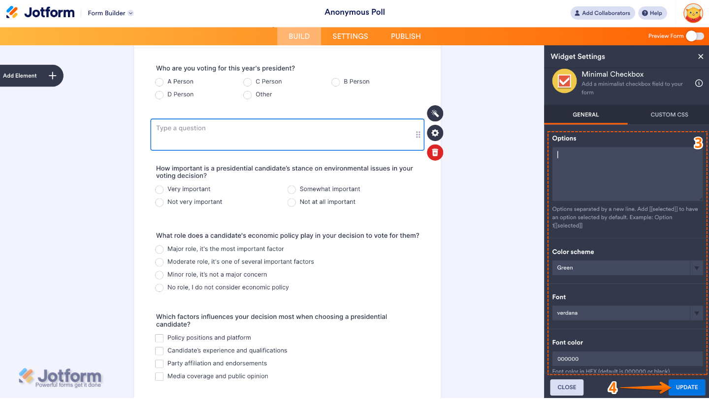 Configuring the checkbox widget by adding options, choosing a color scheme, selecting a font, and customizing the font color