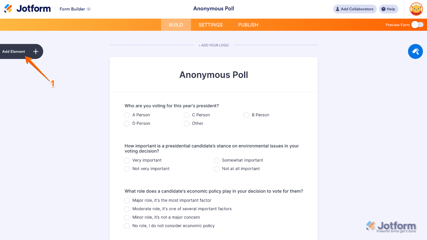 Form Builder interface highlighting the Add Element button on the left sidebar