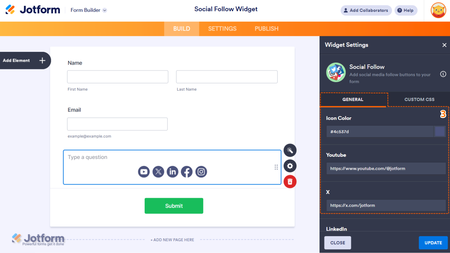 Social Follow widget settings menu with the Icon Color and Social Media Profiles options