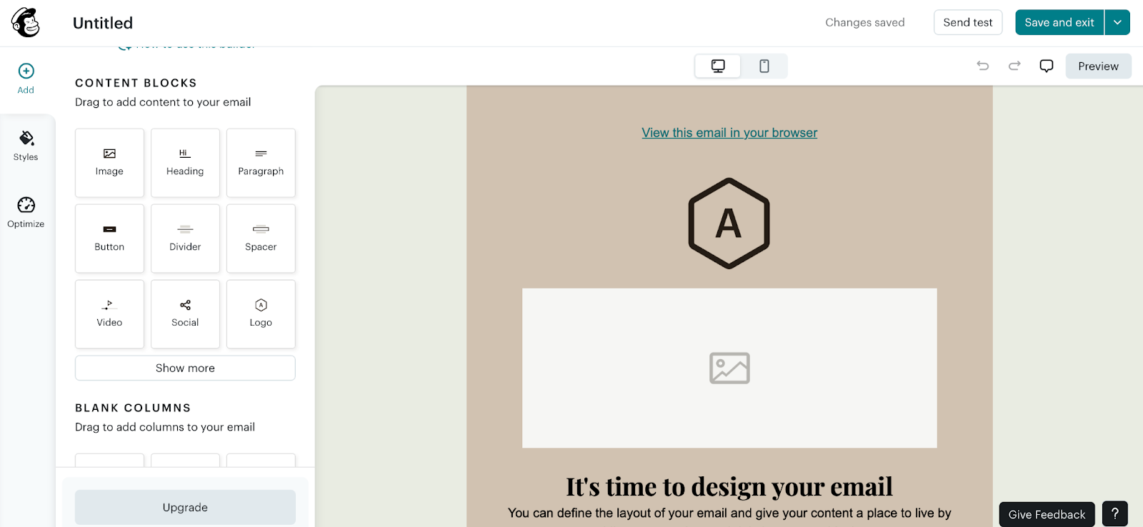 Mailchimp drag-and-drop email builder with content blocks and email design canvas