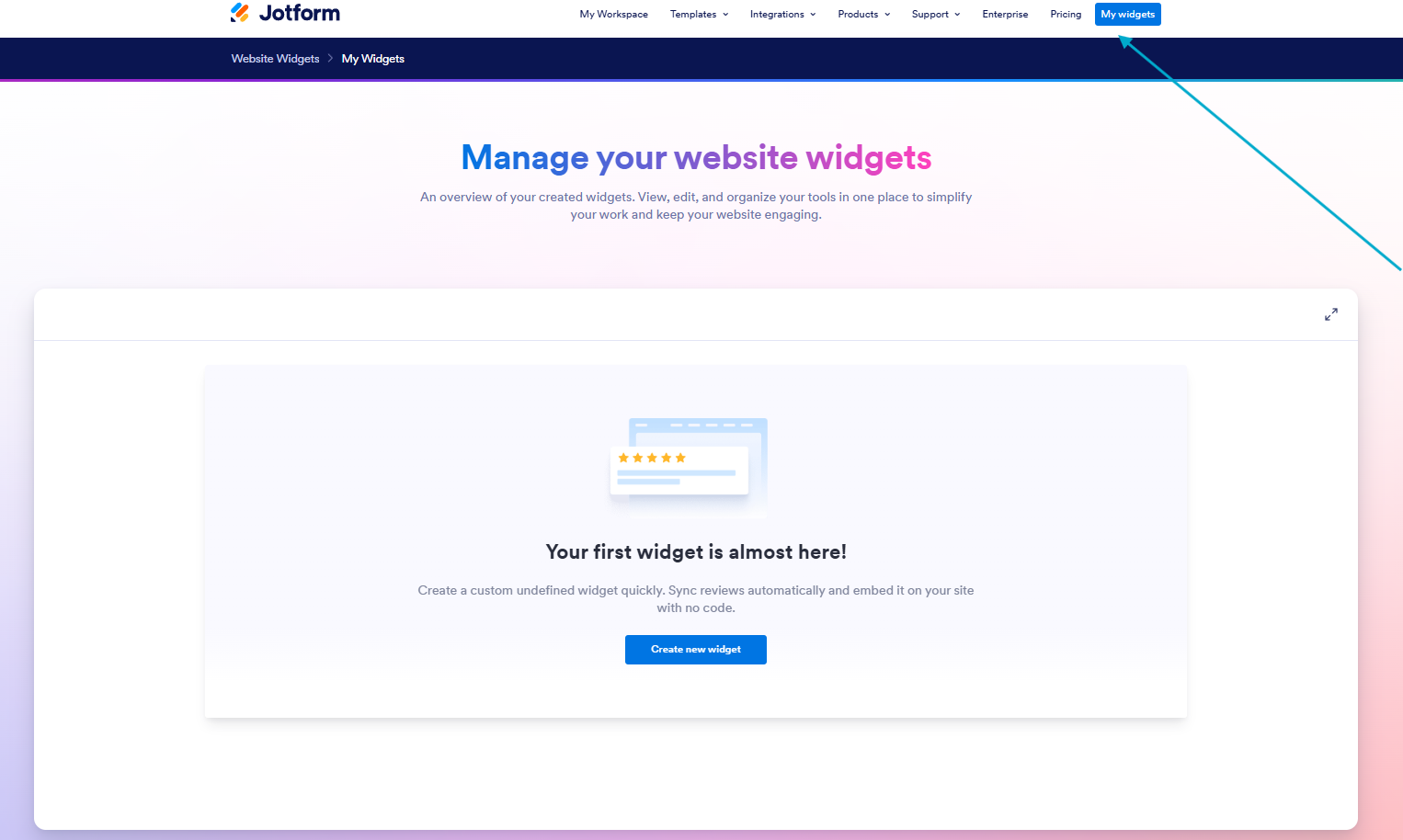 Screenshot shows step one of adding Jotform's Google Review Widget to a WordPress website