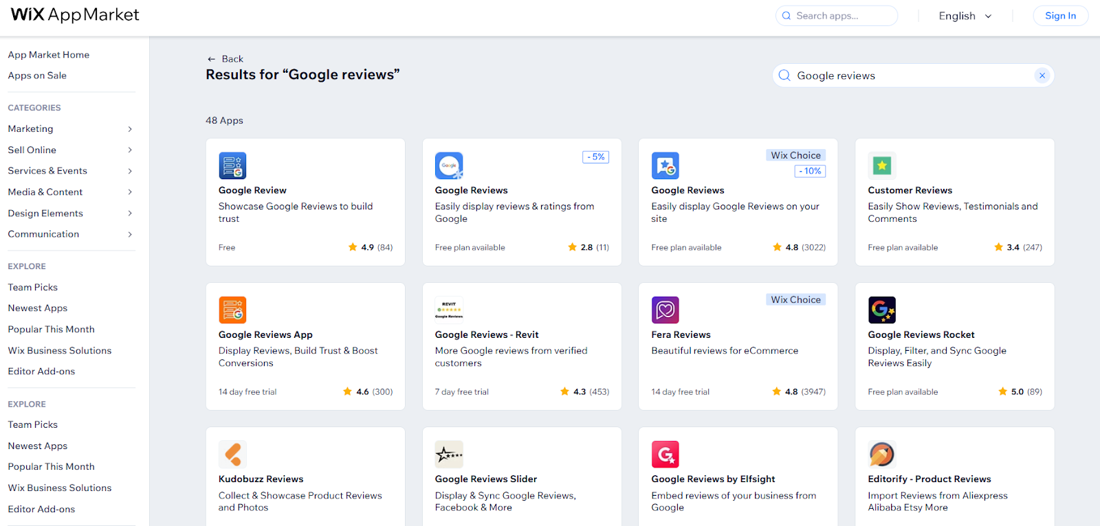 Wix AppMarket Search Results for "Google reviews"