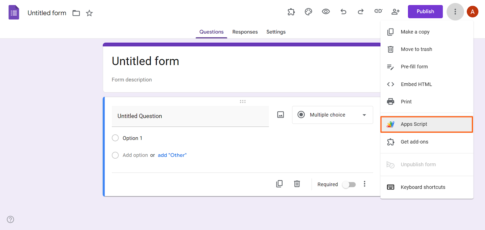 Screenshot of a blank Google Form with the three-dot “More” menu open and the “Script editor” option highlighted in orange