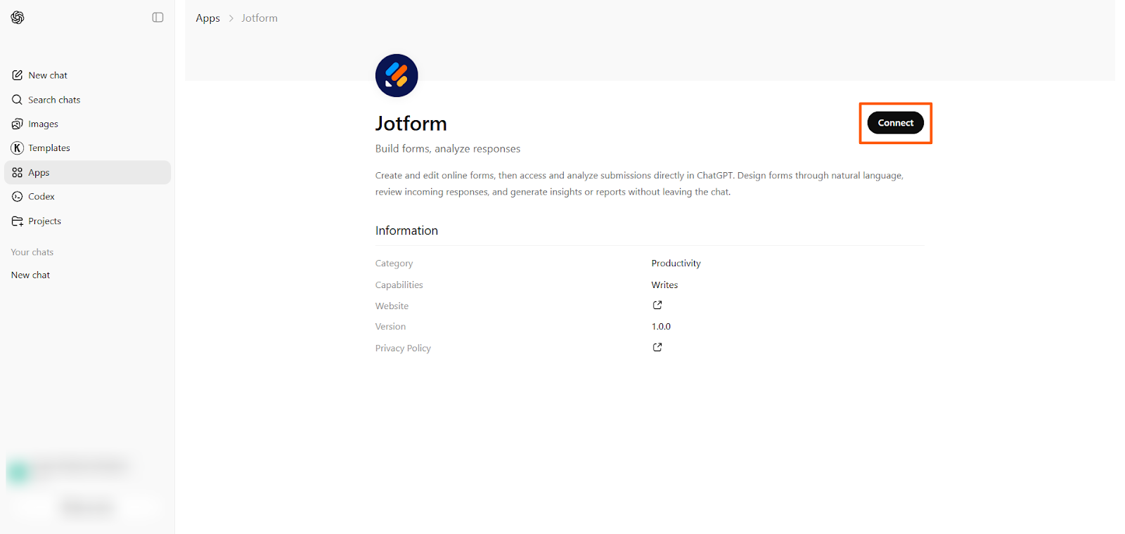 Screenshot of the Jotform ChatGPT integration page prompting the user to connect their Jotform account