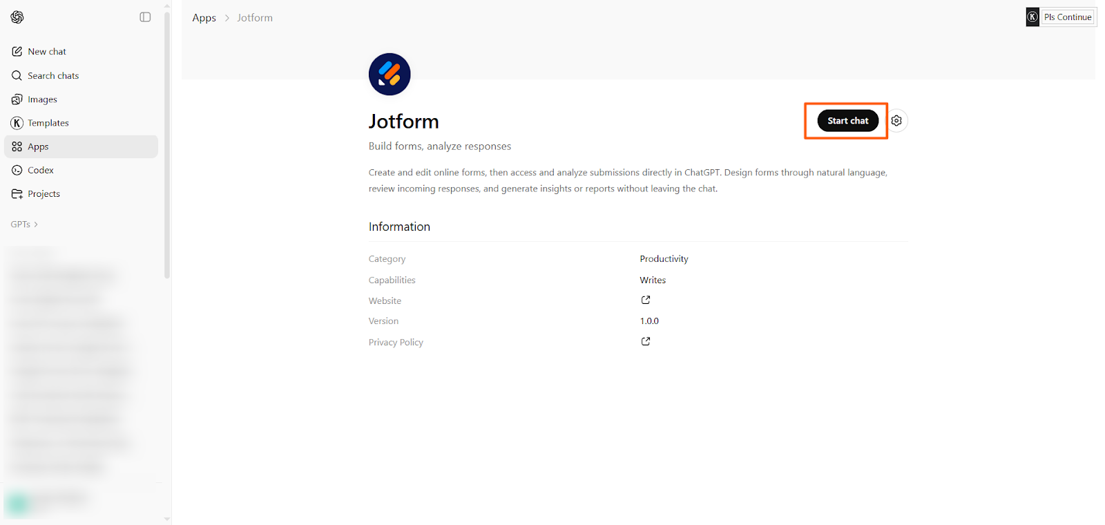 Screenshot of the Jotform ChatGPT app interface with the “Start chat” button highlighted