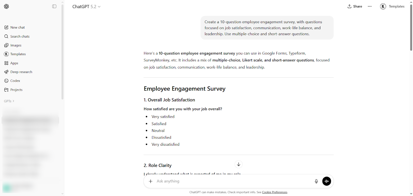 Screenshot of ChatGPT generating content for an employee engagement survey, with a sample list of multiple-choice questions shown in the chat window