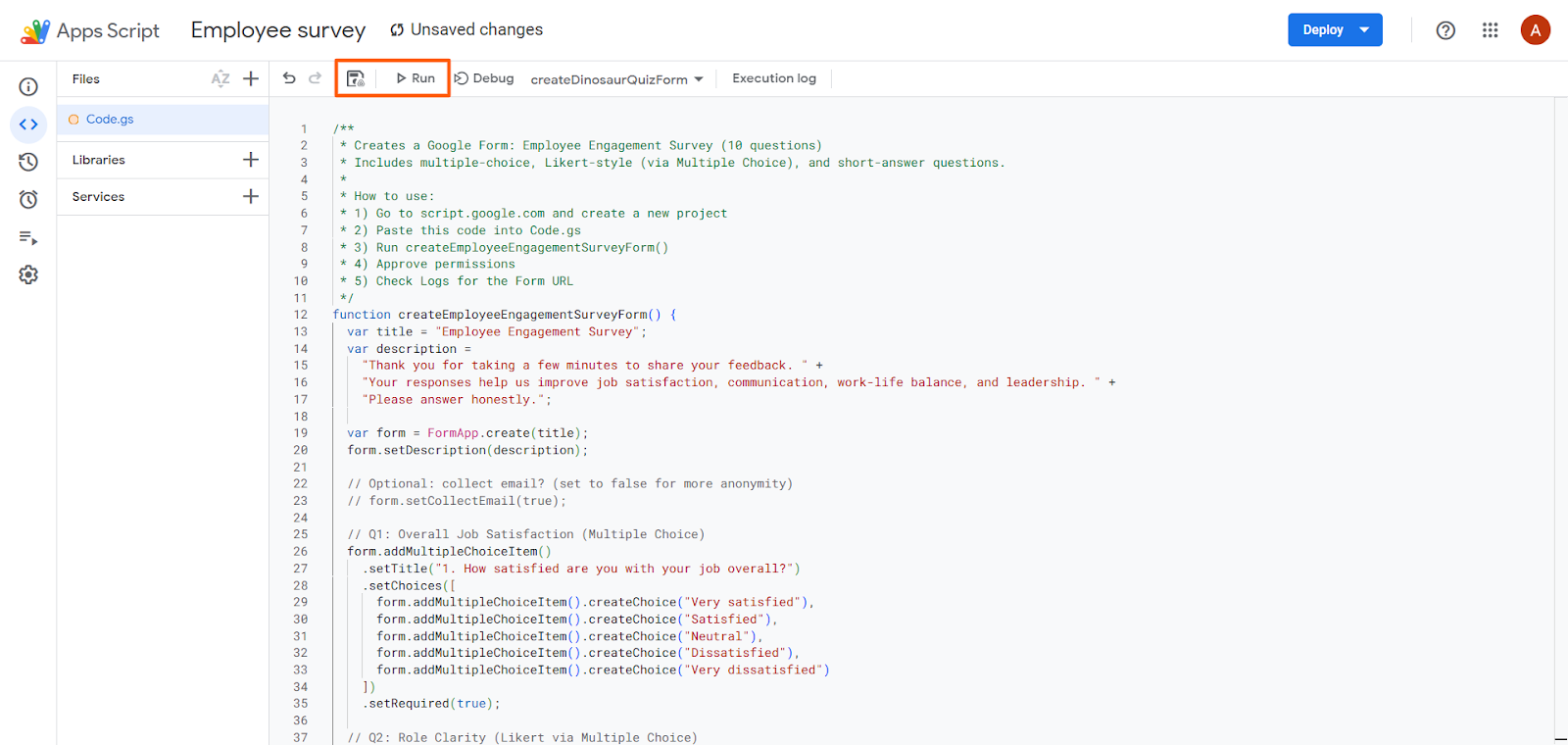 Screenshot of the Google Apps Script editor with survey-generation code visible and the “Run” button highlighted near the top toolbar