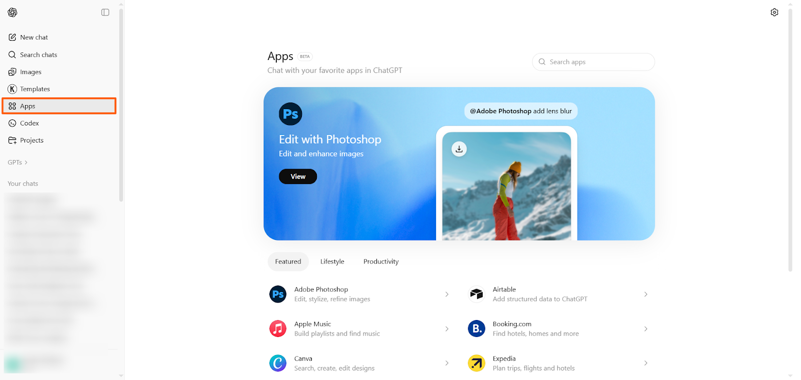 ChatGPT Apps page displaying featured apps, including “Edit with Photoshop,” with the “Apps” option highlighted in the left sidebar
