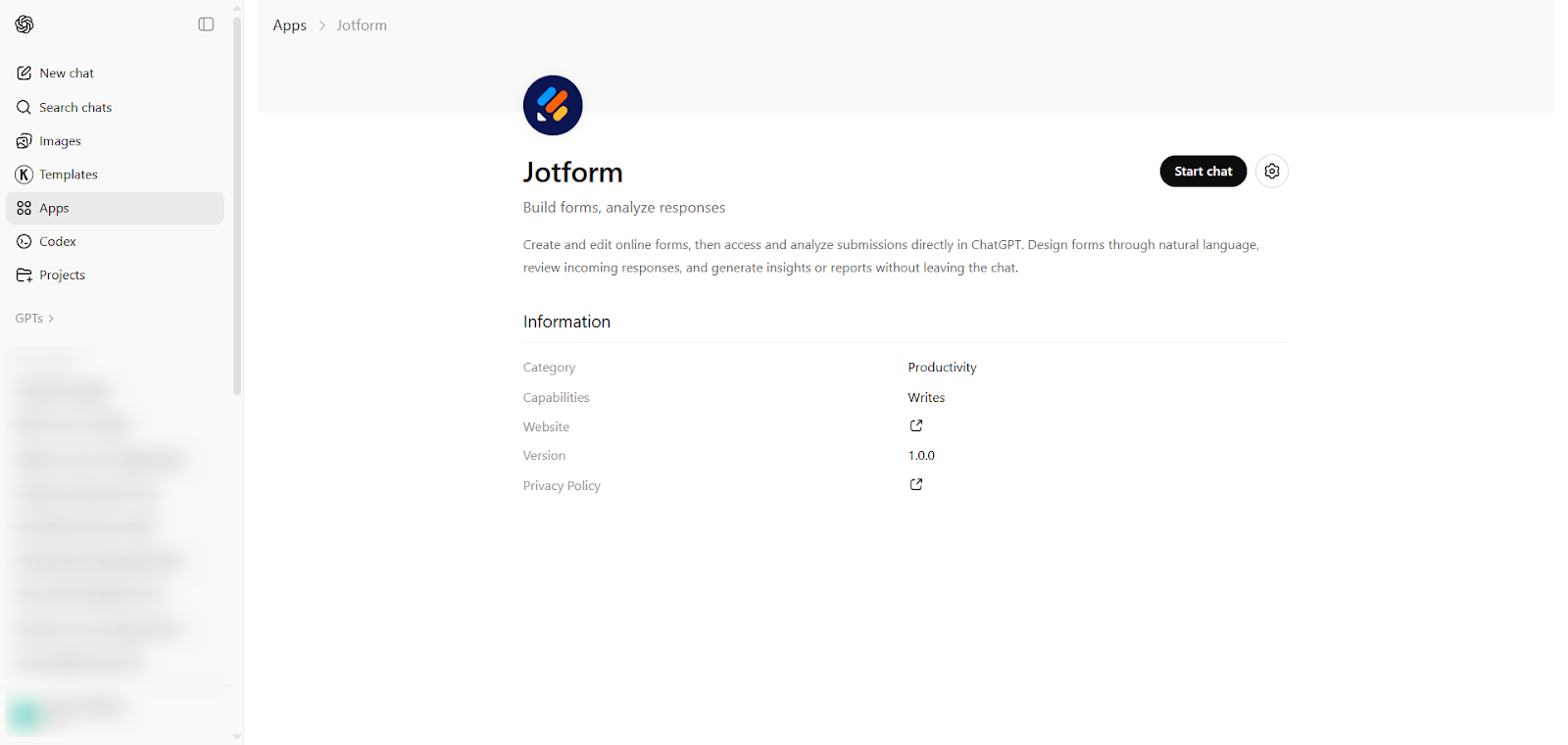 Jotform app page in the ChatGPT Apps page, displaying the app description