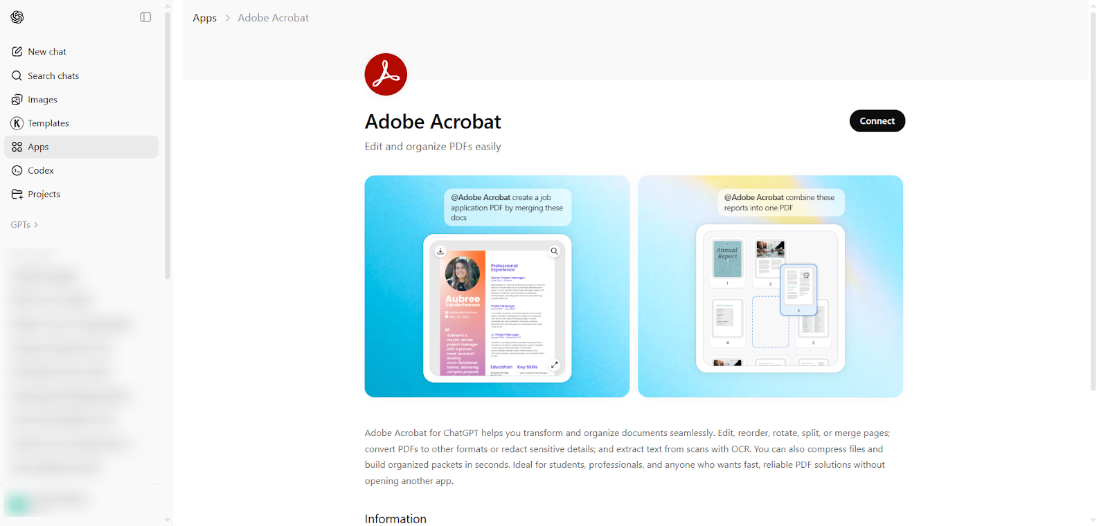 Adobe Acrobat app page in the ChatGPT Apps page, displaying the app description