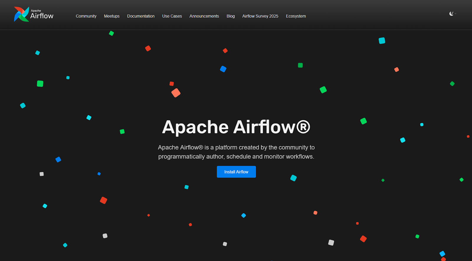 Apache Airflow website with the words: "Apache Airflow is a platform created by the community to programmatically author, schedule and monitor workflows"