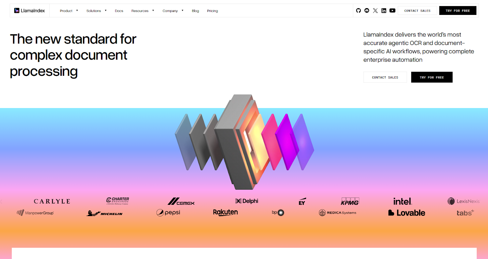 LlamaIndex website with the words: "The new standard for complex document processing"