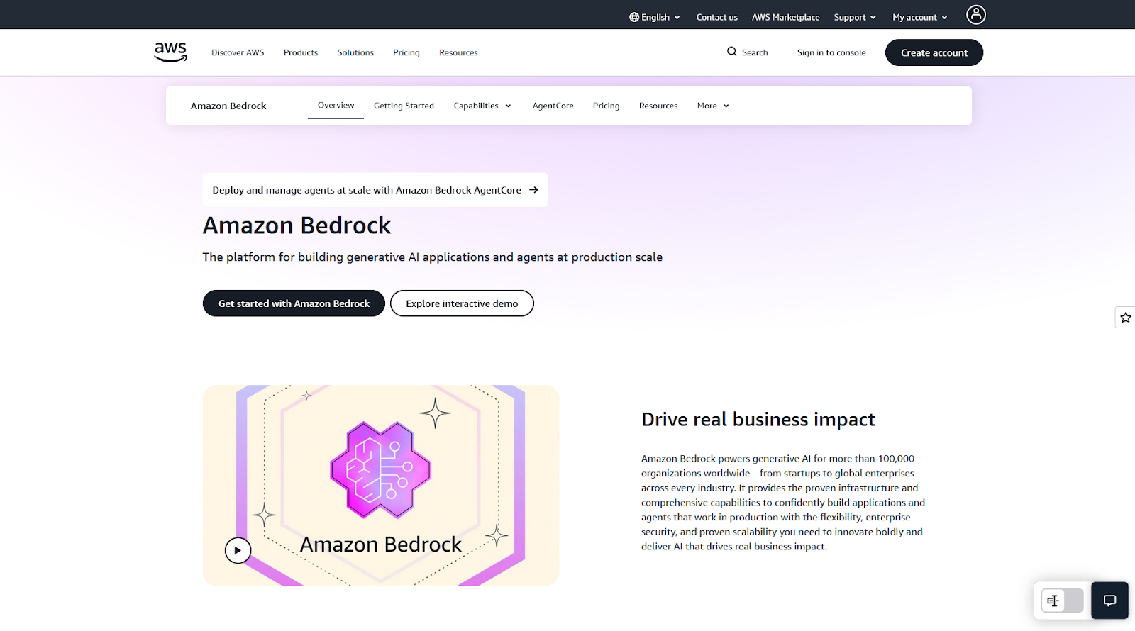 Amazon Bedrock website with the words: "The platform for building generative AI applications and agents at production scale"