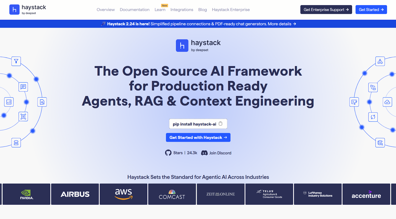 Haystack website with the words: "The Open Source AI Framework for Production Ready Agents, RAG & Context Engineering"