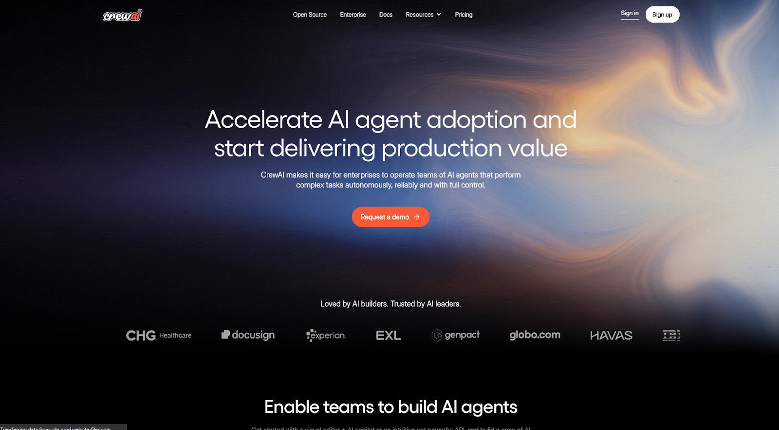 CrewAI website with the words: "Accelerate AI agent adoption and start delivering production value"