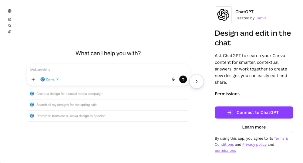 Screenshot of the ChatGPT Canva app page showing the “Design and edit in the chat” feature and the button to connect ChatGPT