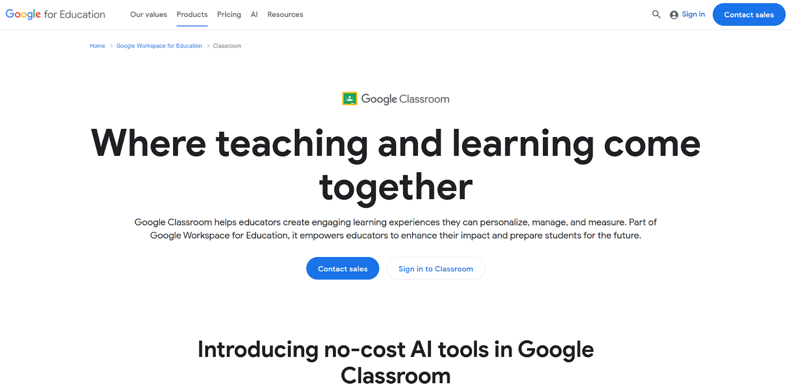 Screenshot of Google Classroom's landing page, showing a headline "Where teaching and learning come together"