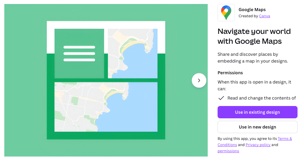 Screenshot of the Google Maps Canva app page