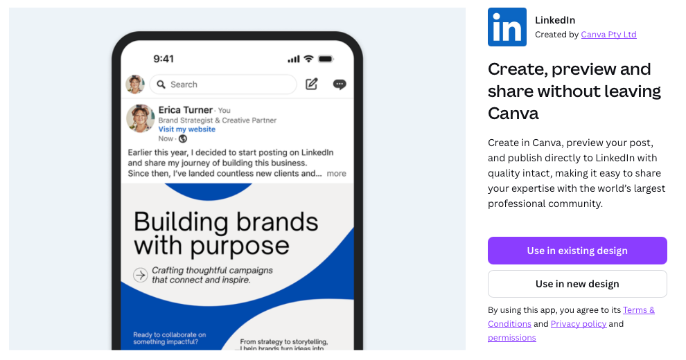 Screenshot of the LinkedIn Canva app page showing a mobile preview of a LinkedIn post and options to connect the app