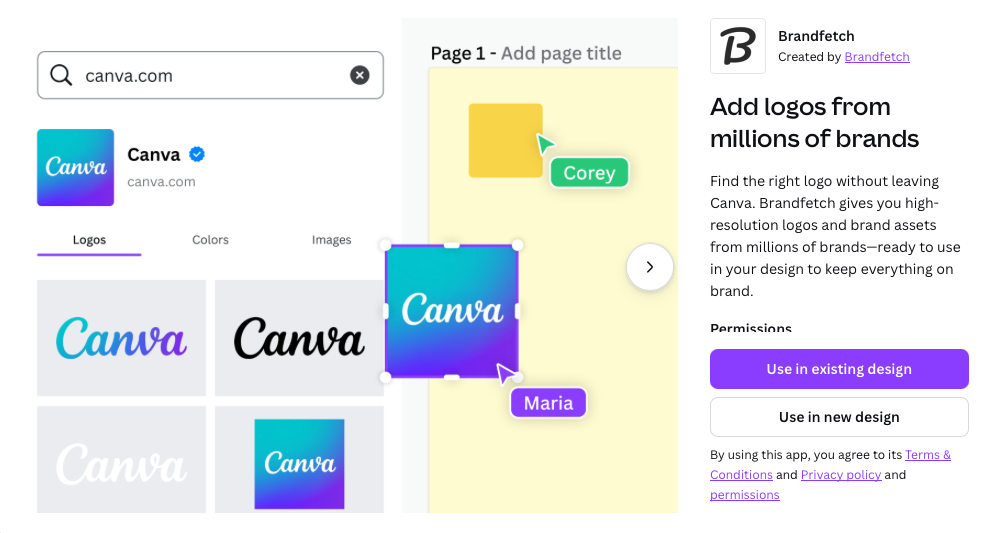 Screenshot of the Brandfetch app page in the Canva Apps Marketplace showing logo search results for Canva and options to add brand assets to a design